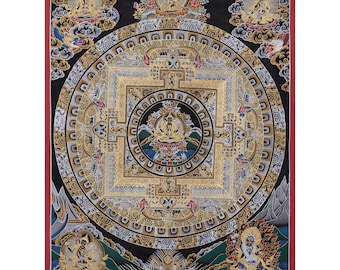 Original Black And Gold Style Chenrezig Mandala Thangka | Tibetan Buddhist Meditation And Yoga Art | Wall Decor Painting