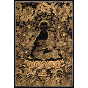 Bhaisajyaguru, Gold Medicine Buddha Thangka | Sacred Tibetan Healing Deity Art | Spiritual Home Decor | Buddhist Gift for Peace & Wellbeing