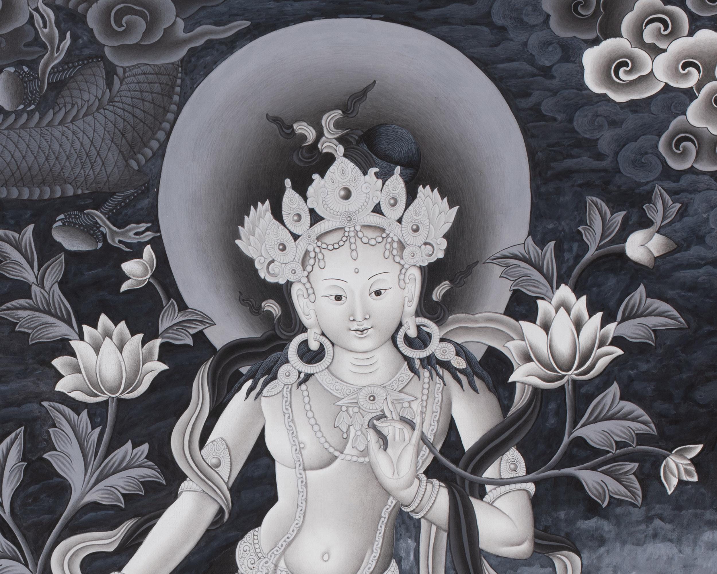 ホワイトターラ　タンカペイント White Tara, Manjushri and Green Tara Standing Thangka | Newari