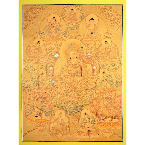 Thangka Guru Rinpoche Leinwandbild – 40x50 Cm Mit Goldenem Holzrahmen, Hochwertiger Druck