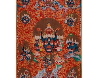 Yidam Yamantaka Head Thangka | Tibetan Buddhist Protector Painting | Tantric Buddhism Artwork | 24K Gold Detailing | Spiritual Home Decor