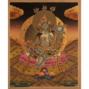 33x25 CMS Green Tara Thangka | Original Hand-Painted Tibetan Buddhist Female Bodhisattva Painting |  Religious Art For Wall Decoration