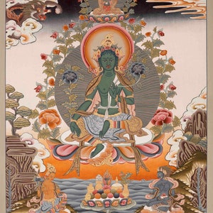 Rare Green Tara Thangka | Original Hand Painted Healing Female Deity | Healing Tara Painting |  Wall Hanging Yoga Meditation Canvas Art
