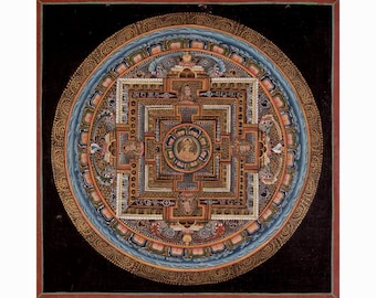 Può includere: Un mandala circolare con dettagli intricati in oro, rosso, blu e bianco. Il mandala è circondato da uno sfondo nero e da un bordo dorato.
