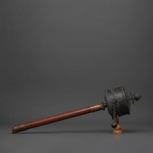 Vintage Tibetan Hand Spinner Prayer Wheel | 21cm x 57cm | Oxidized Copper & Wood Body | Spiritual Merit Tool for Meditation and Altar