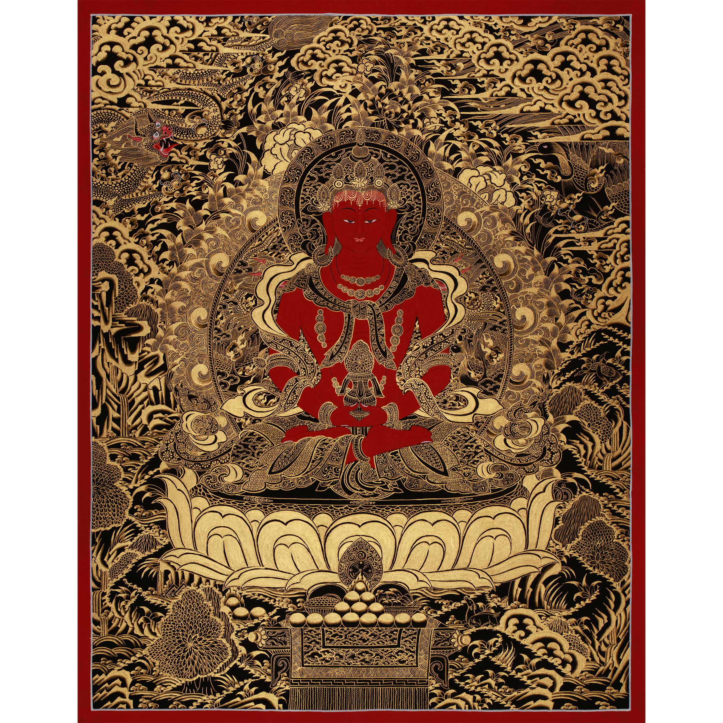 手描きの阿弥陀如来タンカ | チベット仏教の長寿の神 | 蓮華座と金剛杵