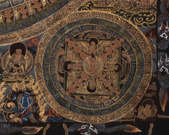 チベット仏教曼荼羅タンカ｜黒と金の神聖な壁掛けアート｜瞑想と精神的