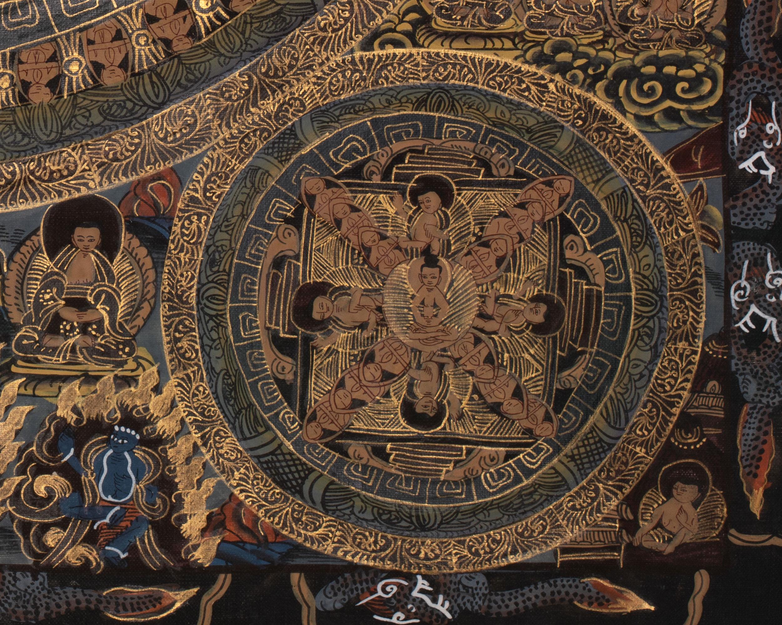 チベット仏教曼荼羅タンカ｜黒と金の神聖な壁画｜瞑想と精神的な目覚め