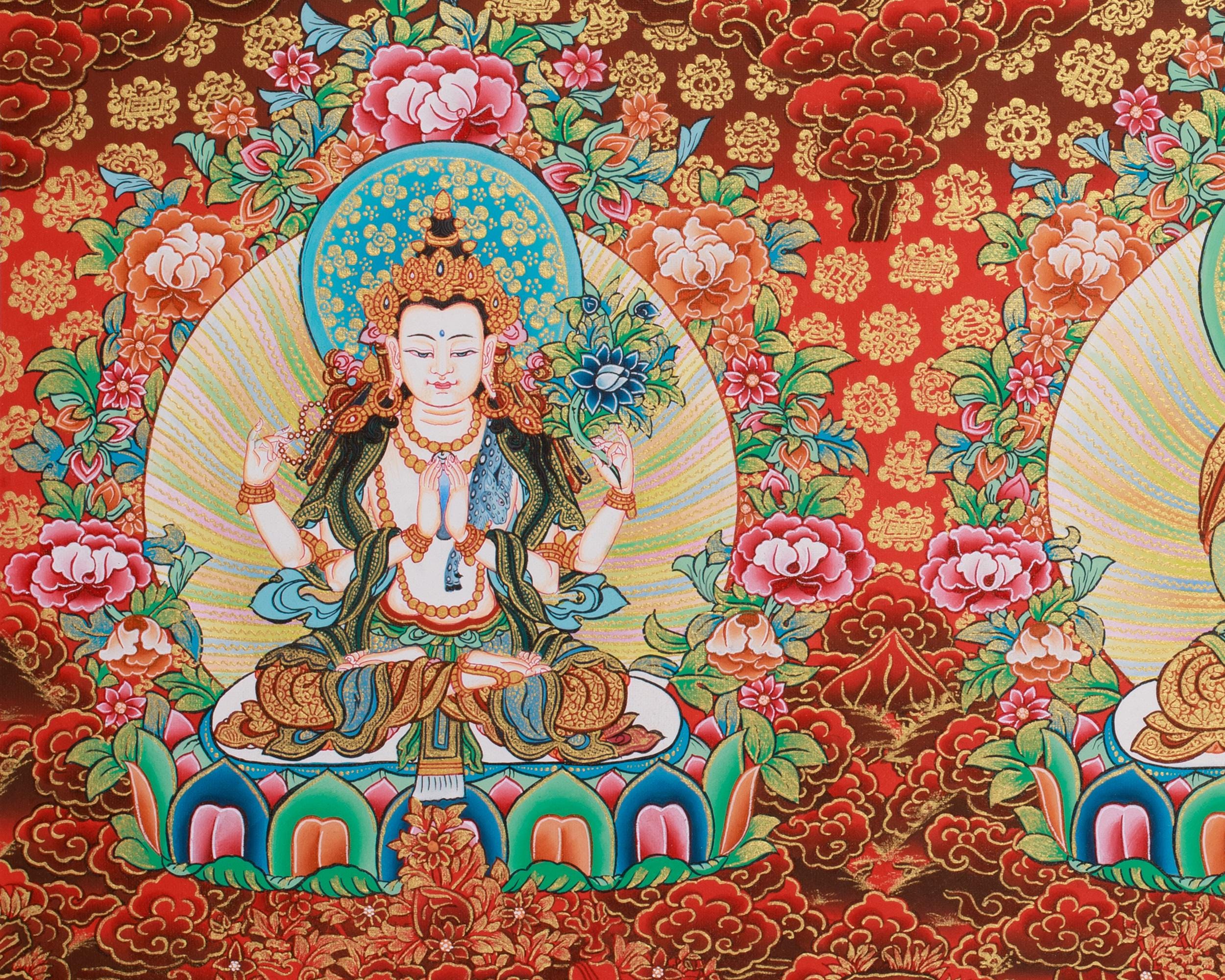 手描きの阿弥陀如来、文殊菩薩、観音菩薩タンカ：24K金製チベット美術