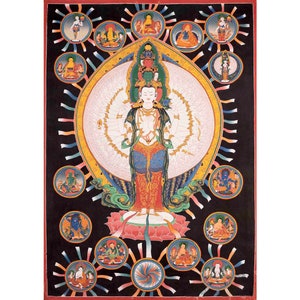 Old Thangka of 1000 Armed Avalokiteshvara Surrounded By Buddhas and Bodhisattvas | Guan Yin Thangka | Mindfulness Meditation Object