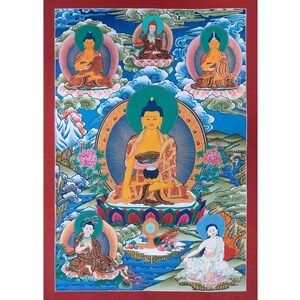 Thangka Painting of  Shakyamuni , Dipankara  and Maitreya Buddha Surrounded by The Great Buddhist Masters - Atisa, Nagarjuna and Milarepa