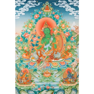 Green Tara Thangka Digital Prints with Detailed Finishing | Great for offering to a Lama or loved one for happiness | Tibetan Thangka Prints