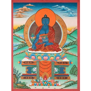 Medizin Buddha | Original Handgemaltes tibetisches Thanka | Wanddekoration Gemälde | Kunstmalerei für Meditation und viel Glück für Haus