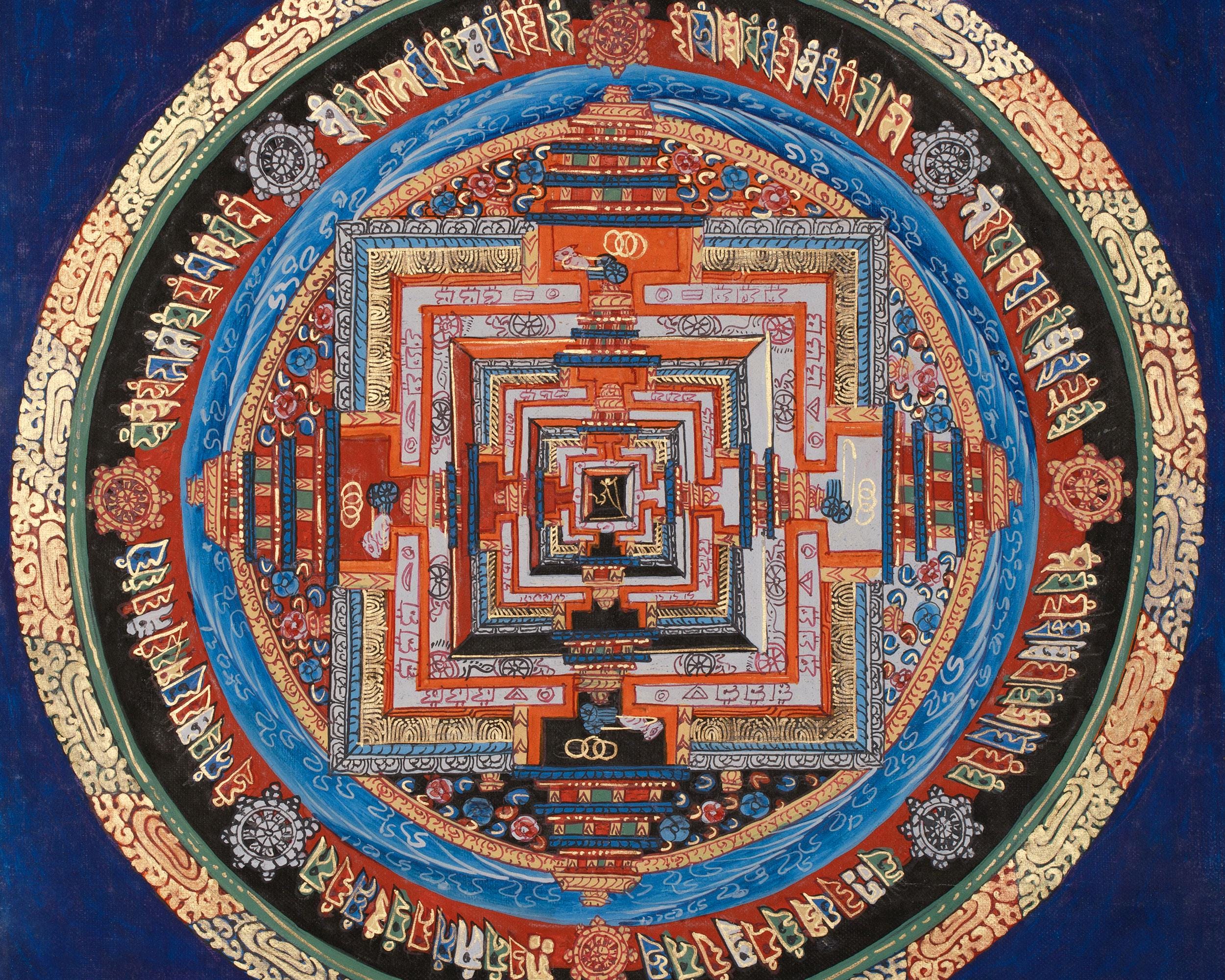【手描き唐カ】六字真言 曼荼羅 チベット伝統工芸 開運掛け軸仏画 インテリア仏画 チベットのカーラチャクラ曼荼羅｜時の輪｜伝統的な仏教曼荼羅芸術