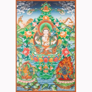 Four Armed Chenrezig Avalokiteshvara Thangka | Divine Assembly of Divine Bodhisattvas | Om Mani Padme Hum | Compassion, Wisdom and Power