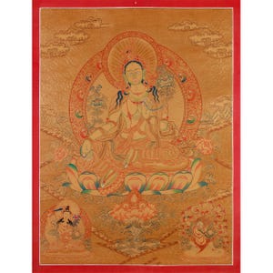 Green Tara 24K Gold Style Tibetan Thangka | Healing Female Deity | Wall Hanging Yoga Meditation Canvas Art | Buddhist Art | Zen Buddhism