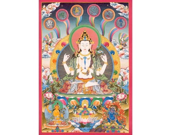 Original Hand Painted Avalokitesvara Chengrezig With Mantra Thangka | Bodhisattva of Compassion |  Wall Hanging Decoration Tibetan Art