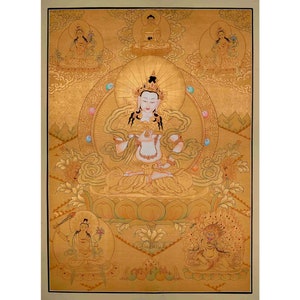 Original Hand-Painted Gold Vajrasattva Feature White Tara, Shakyamuni Buddha, Green Tara, Manjushri, and Vajrapani | Dorje Sempa Thangka