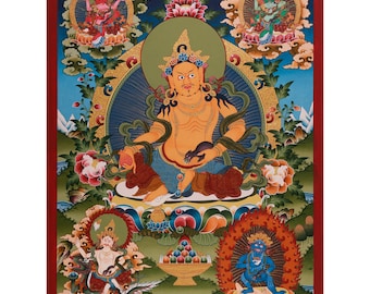 Five Dzambhala Artwork | Sacred Wealth Deities Thangka with 24K Gold | Buddhist Prosperity Art for Meditation Space | Spiritual Home Decor