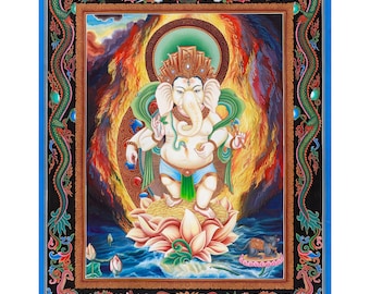Sacred Ganesh Artwork | Hindu Elephant Deity Painting  | Remover of Obstacles Artwork | Hand Painted on Cotton Canvas | Ideal for Home Altar