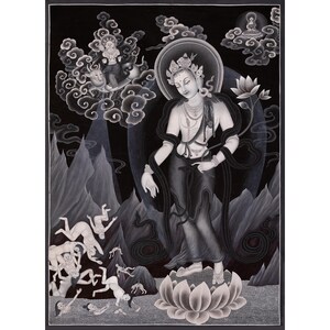 Stampa del Bodhisattva Avalokiteshvara / Pittura Newari tradizionale / Buddha della compassione Cenrezig / Stampa in bianco e nero / Opera d'arte spirituale