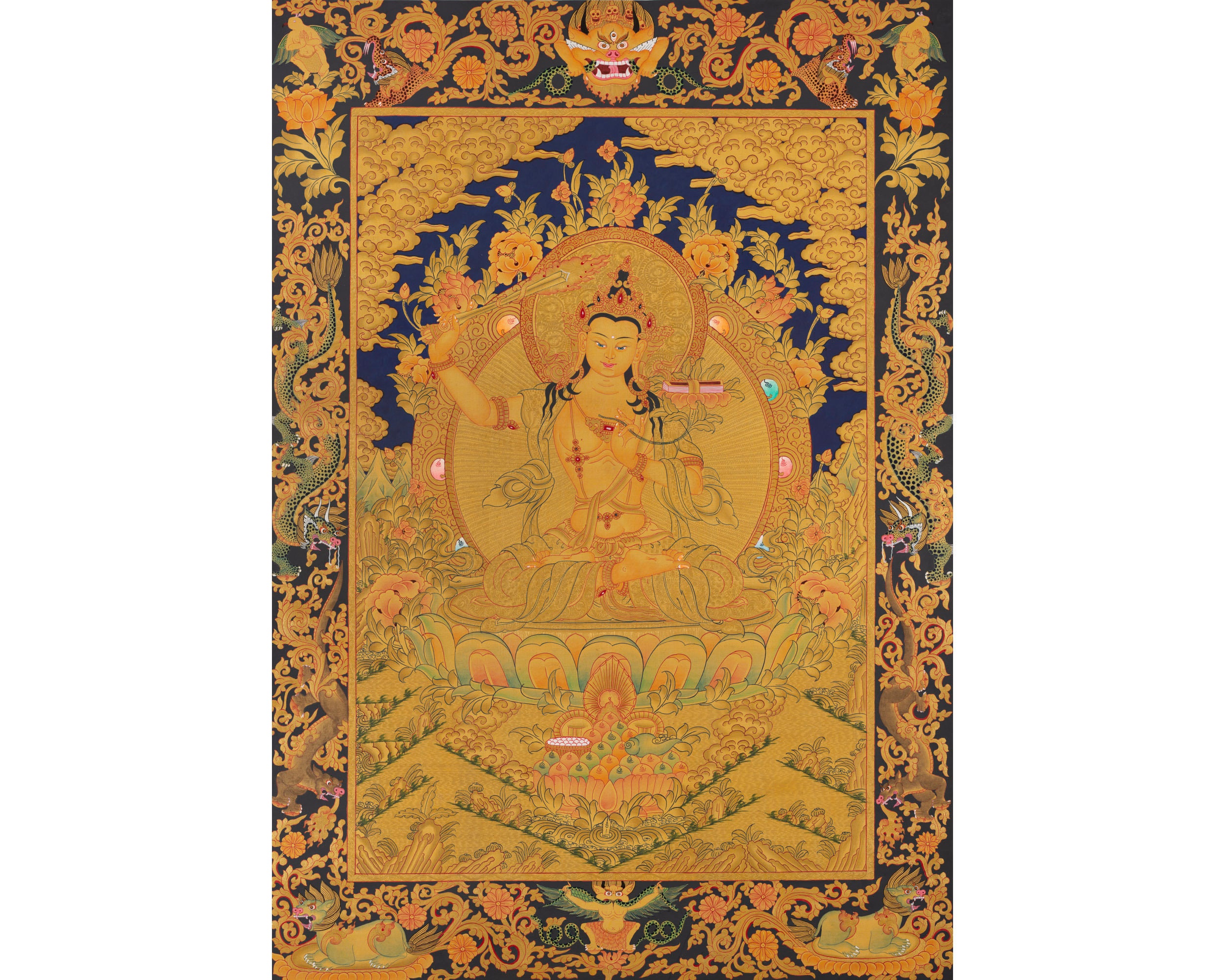 フル24Kゴールドスタイルのオリジナルマンジュシュリータンカ絵画|知恵