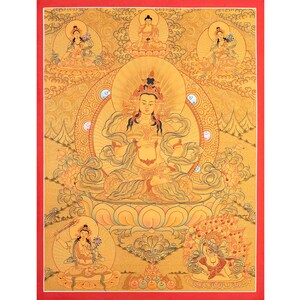 Full Gold Hand-Painted Vajrasattva with White Tara, Shakyamuni Buddha, Green Tara, Manjushri, and Vajrapani | Divine Wisdom | Home Decor