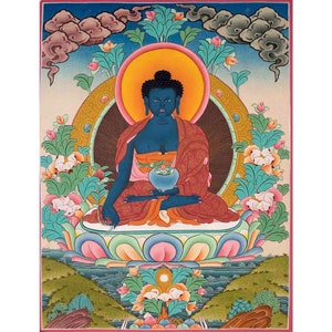 Medizin Buddha Thangka | Original Handgemaltes tibetisches Thanka | Religiöse Wanddekoration | Yoga Meditation | Spirituelle Geschenke |Zen Buddhismus