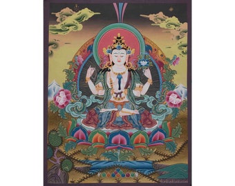Vierarmiges Chengrezig Thangka | Bodhisattva des Mitgefühls | Avalokiteshvara | Tibetanische Wandbehang | Vajrayana Buddhismus Gemälde |