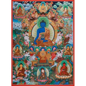 Acht Medizin Buddha Thangka | Handbemalt im Traditionellen Stil mit 24K Gold | Heilende Gottheiten | Bhaisajyaguru Kunst | Großes Kunstwerk
