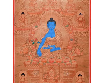 Pintura Thangka do Buda das Oito Medicinas | Divindade Tibetana com Energia de Cura | Arte Sagrada para Meditação | Decoração Espiritual de Parede | Art Déco
