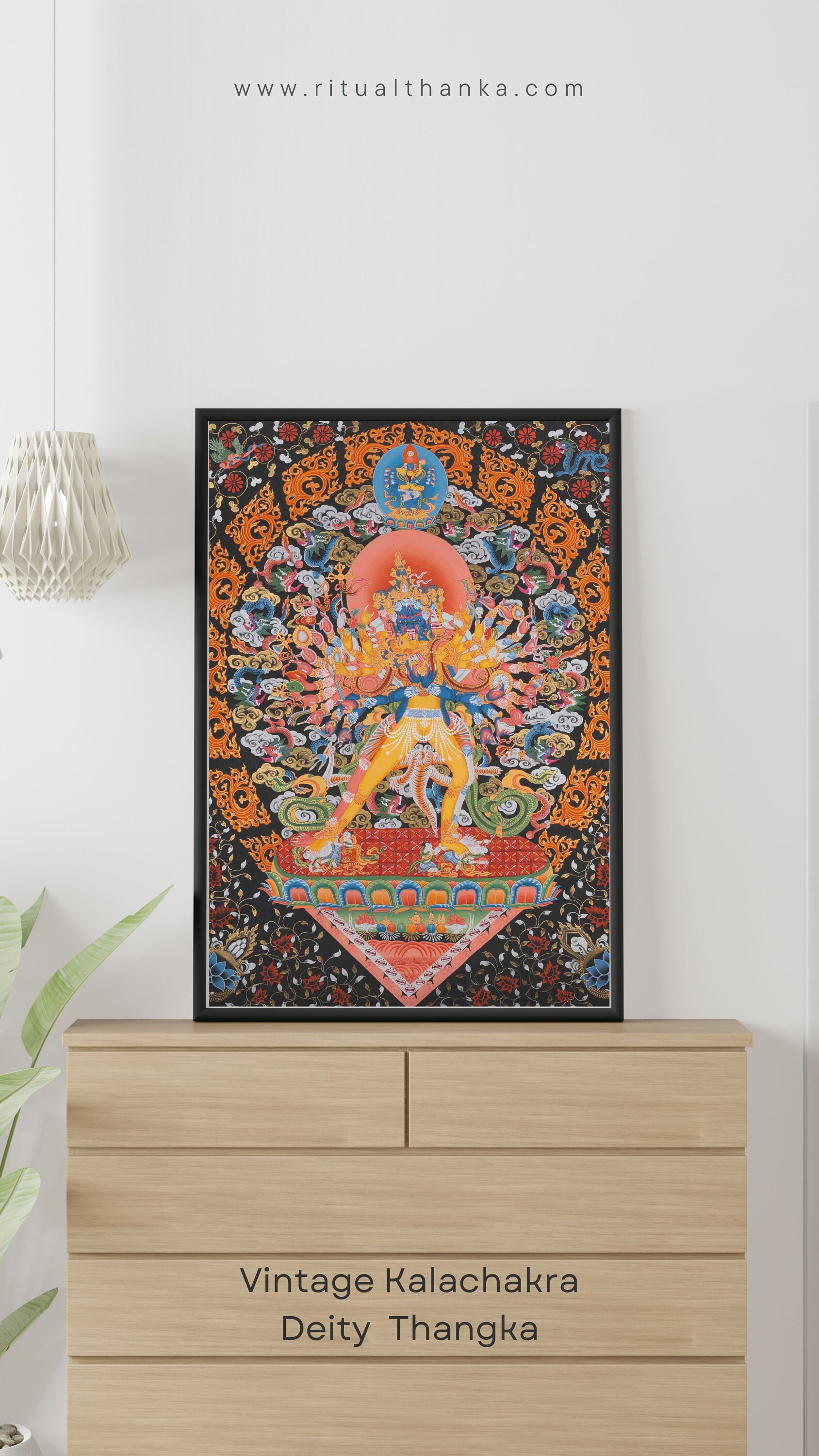 ヴィンテージオリジナル手描きカーラチャクラ神タンカ絵画