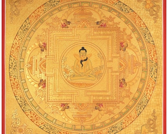 手描きのフルゴールドスタイルの文殊菩薩タンカ | 24Kゴールドチベット