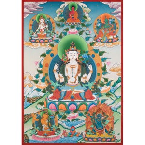 Gravura Thangka de Chenrezig | Arte Budista Tibetana de Compaixão | Bodhisattva da Compaixão | Decoração de Iluminação e Orientação Espiritual