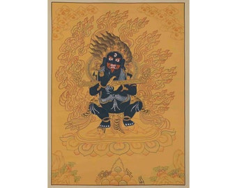 Original handbemaltes Sakya Mahakala | Vajra Panjarnatha | Tibetisch-buddhistischer zorniger Dharmapala | Gottheit des Beschützers | Tibetischer Wandbehang