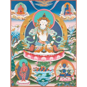 Vajrasattva Dorje Sempa Flanked By Other Bodhisattvas | Original Hand-Painted Buddhist Thanka | Wall Hanging Yoga Meditation Canvas Art