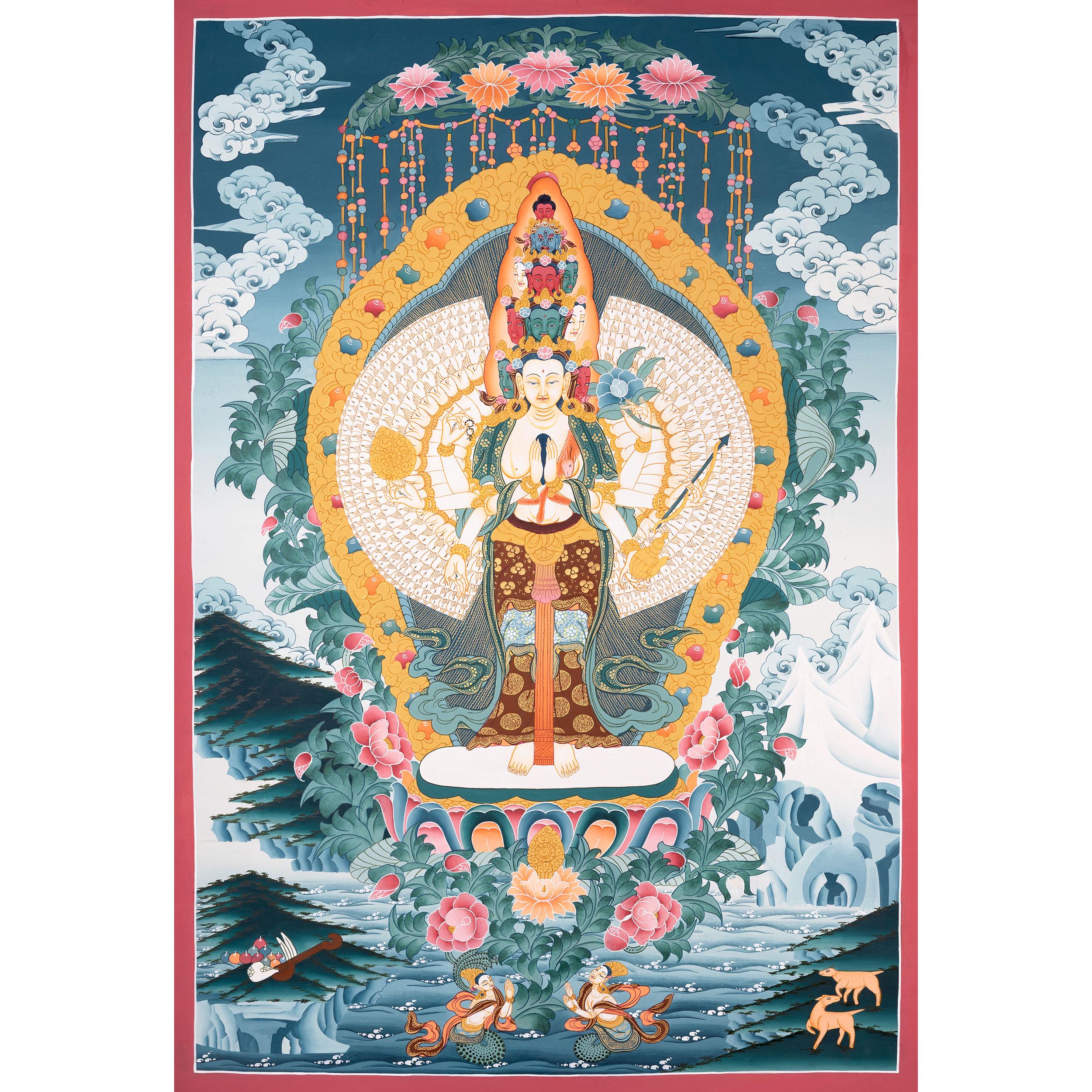 千手観音菩薩｜オリジナル手描きチベットタンカ｜慈悲と知恵の神