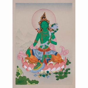 Green Tara, The Compassionate Bodhisattva | Hand-Painted Tibetan Tara Painting | Goddess of Swift Compassion & Protection | Home Decoration