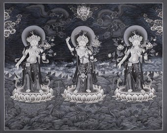 White Tara, Manjushri, Green Tara Thangka | Horizontal Tibetan Buddhist Painting | Standing Bodhisattva Artwork | Monochrome Himalayan Art