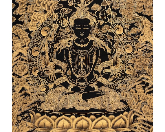 黒と金の阿弥陀如来仏タンカ絵画｜浄土の仏陀｜ヒマラヤ美術｜仏教徒の