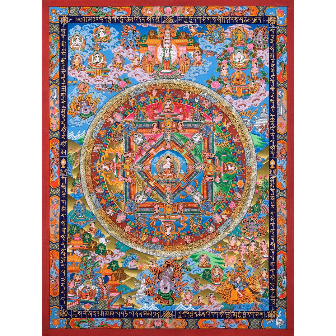 Tapisserie Murale Thangka Tibétain - Huit Taras Vertes - Peinture Tantrique Dorée Pour Décoration Zen Peinture Verte
