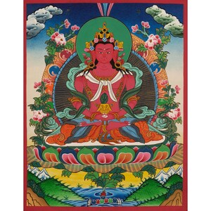 Red Amitayus Buddha Thangka | Buddha of Infinite Life | Tibetan Buddhism | Traditional Home and Office Decor | Religious Wall Hanging