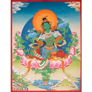 Green Tara Thangka | Original Hand Painted Healing Female Deity | Healing Tara Painting | Art Painting for Meditation and Good Luck to house