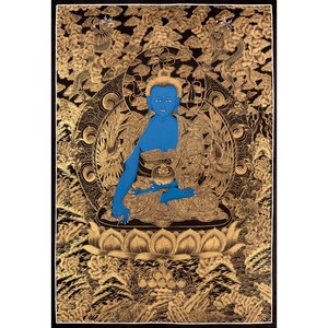 Black and Gold Style Medicine Buddha | Original Hand-Painted Tibetan Thanka | Meditation and Yoga | Bhaisajyaguru Painting Thangka
