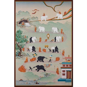 Può includere: Un dipinto buddista tibetano tradizionale che rappresenta il cammino verso l'illuminazione. Il dipinto presenta un sentiero tortuoso con elefanti bianchi e neri, figure e un arcobaleno. Il sentiero conduce a un tempio nella parte inferiore del dipinto.