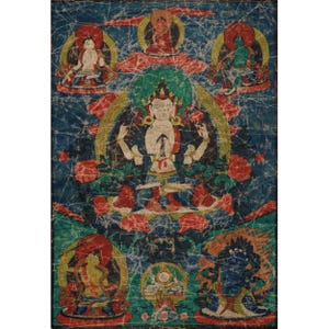 Vintage Chenrezig Thangka | Hand-Painted Avalokiteshvara Art | Tibetan Buddhist Wall Decor | Compassion Deity | Antique Thangka Painting