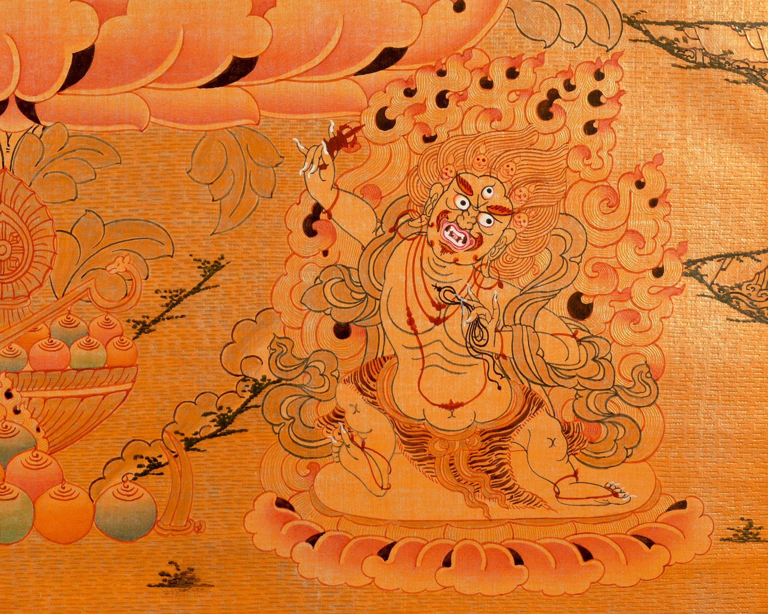 手描きのフルゴールドスタイルの文殊菩薩タンカ | 24Kゴールドチベット