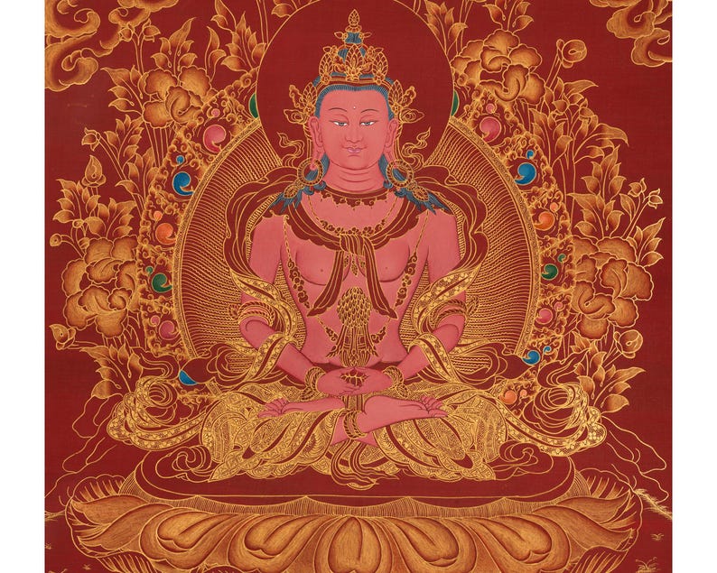 Tangka Red Amitayus Buddha Thangka | Red Buddha | Hand-painted on Red Background ...