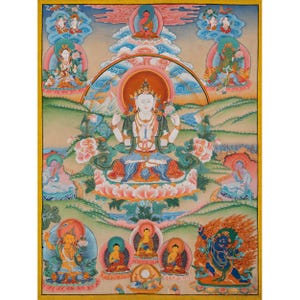 Impressão digital Chenrezig Thangka | Arte Avalokiteshvara Paubha | Decoração de parede Buda da compaixão | Divindade budista tibetana para meditação