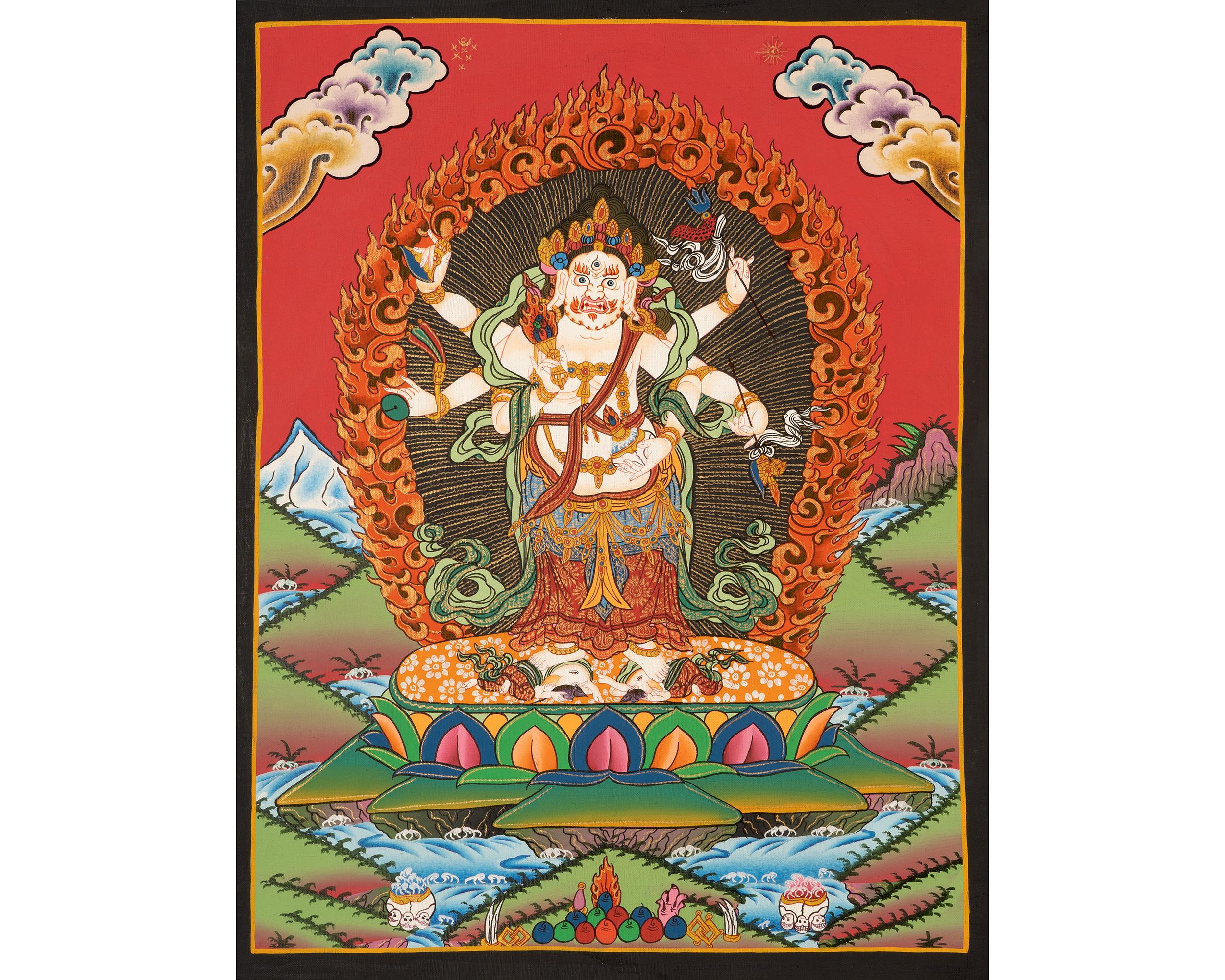 はち✨隠れ神金文字チャクラ絵画 6本の腕を持つ白いマハーカーラタンカ | 仏教の怒りの神絵画 | 富と